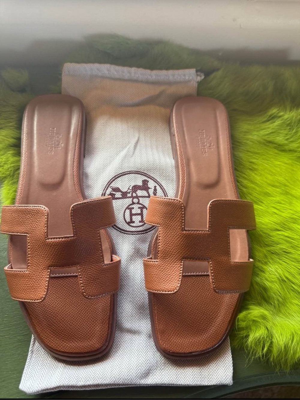 Oran H slides sandals Gold Brown Leather sz 40 8.5